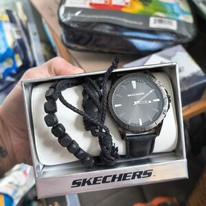 Skechers Black Leather Watch with Beaded Bracelet